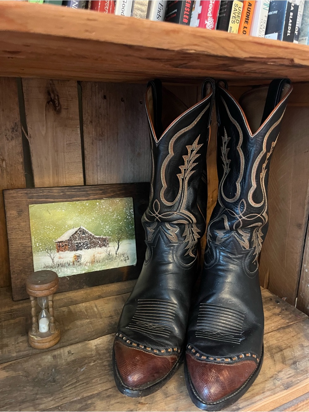 Vintage 70s Tony Lama Black Label Teju Lizard Wingtip Western Boots 10 2830